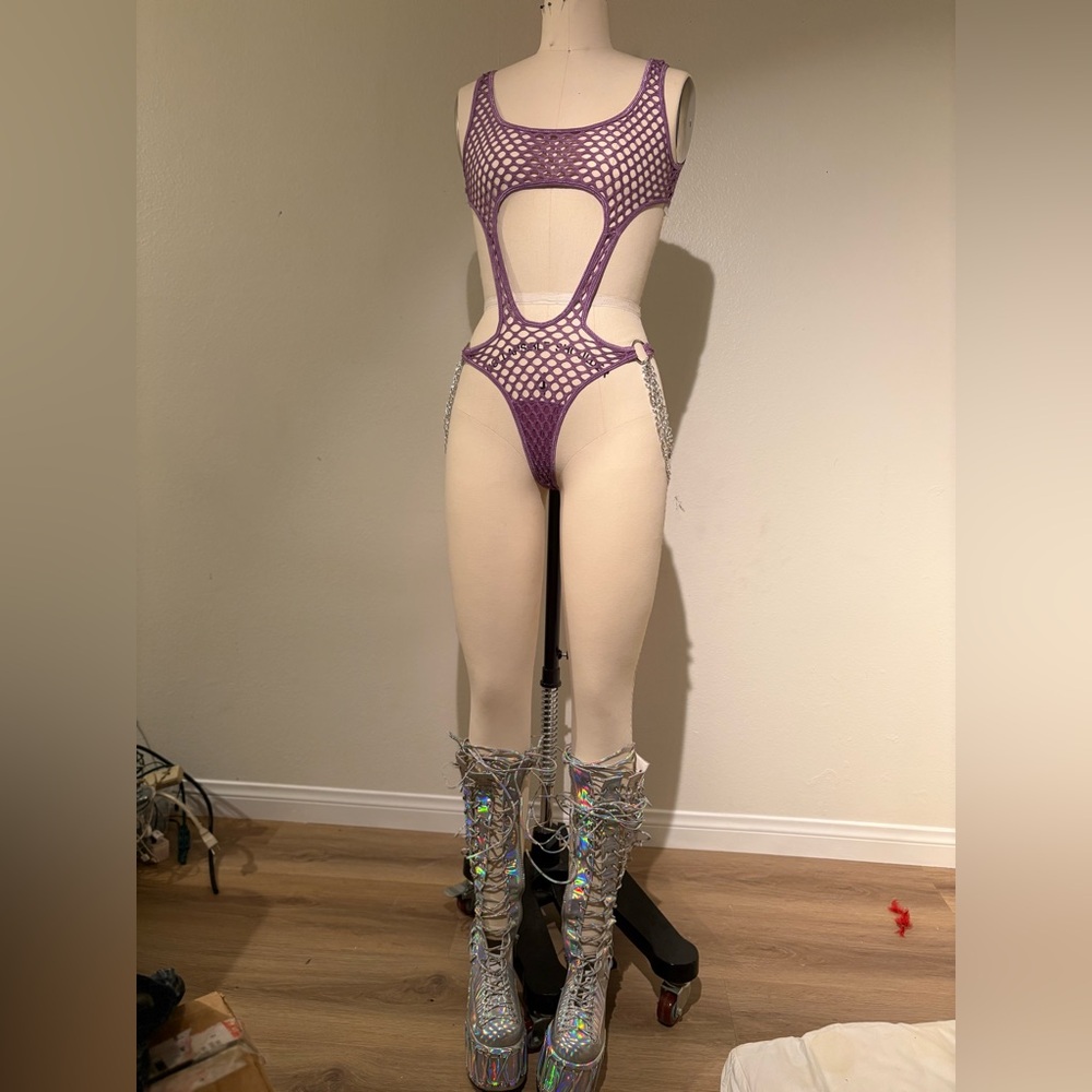 Dolls Kill Club Exx Purple Chains & Fishnet Bodysuit